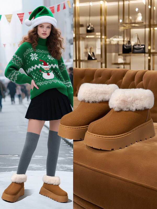 Botas de mujer mejoradas, nuevas llegadas para otoño/invierno 2025, forradas térmicamente, botas gruesas y cálidas, botas cortas, con cuello de piel, suela de 6 cm de grosor, botas de nieve con plataforma, de ante, de tubo corto, de punta redonda, sencillas, duraderas, antideslizantes, tallas grandes