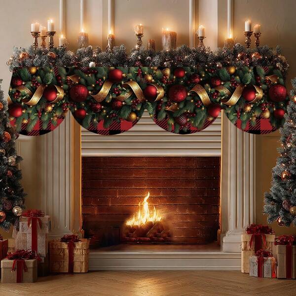 1 peça/72 peças de toalha de lareira estampada com sinos de Natal vermelhos e bolas de Natal de inverno, cachecol de manto, caminho de mesa, material de poliéster, presente de Natal, artigos para festas, adequado para lareira de sala de estar, decoração de mesa de jantar