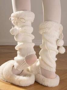 1 par de calentadores de piernas con pompones suaves y esponjosos en blanco y negro para mujer, calcetines de tobillo cómodos y cálidos
