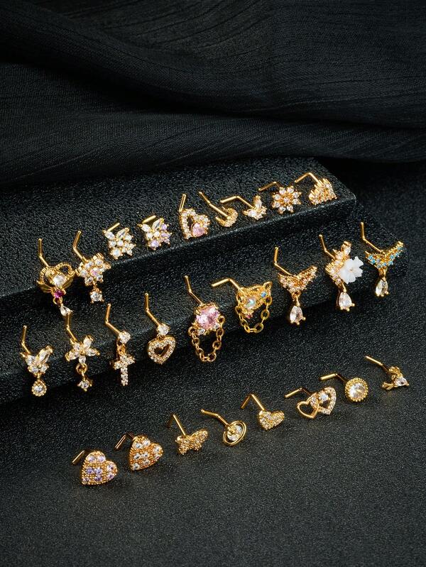 20G Dangle Nose Ring L Shaped Dangling Nose Stud For Women Stainless Steel Nose Ring Studs CZ Flower Dangle Nose Rings Hoops Nose Piercing Jewelry