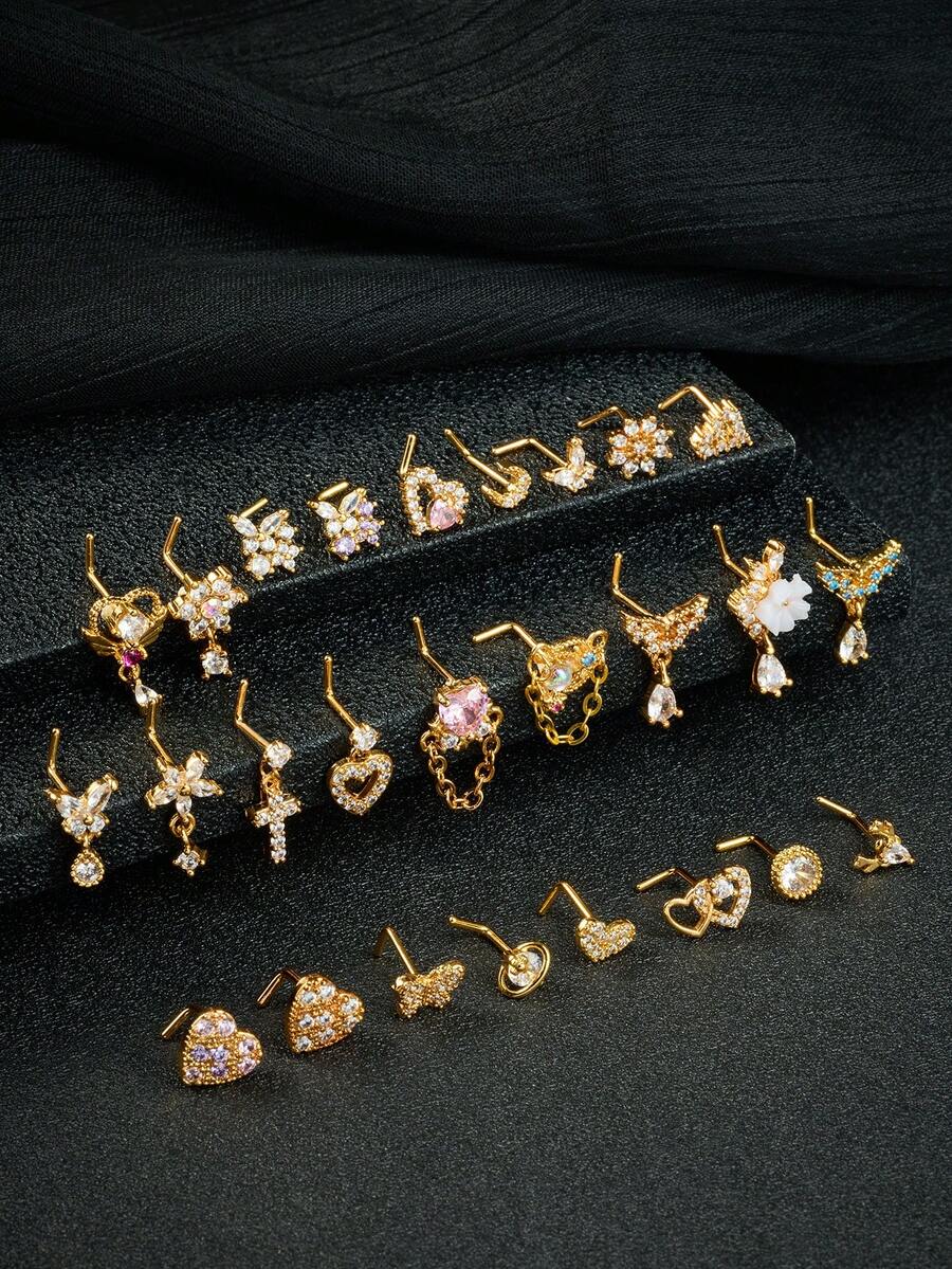 20G Dangle Nose Ring L Shaped Dangling Nose Stud For Women Stainless Steel Nose Ring Studs CZ Flower Dangle Nose Rings Hoops Nose Piercing Jewelry