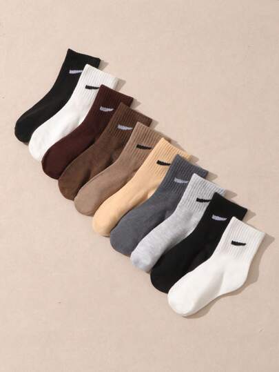10 Pairs Kids' Solid Color Elastic Mid-Calf Casual Comfortable Sports Socks, Autumn/Winter