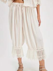 Women Lace Trim Long Bloomers Y2k Elastic Mid Rise Ruffle Victorian Pantaloons Cropped Flared Slips Pants Pumpkin Pants - White - View 2