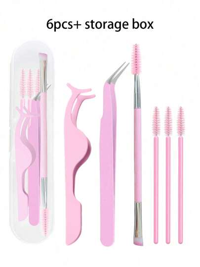 6pcs Eyelash Tools Set: Eyelash Tweezers, Eyelash Brush, With Storage Box - Pointed Curved Tweezer, False Eyelash Applicator And Eyelash Brush For Extending And Shaping Lashes
