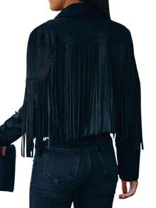 Women Summer Solid Color Collared Jacket With Tassels Long Sleeve Open Front Coat Streetwear - Black - View 4