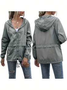 Women Water Resistant Hooded Jacket, Solid Color Zipper Open Front Drawstring Coat, L/ XL/ XXL - Dark Grey - View 1