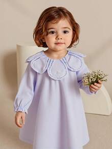 SHEIN Vestido holgado de manga larga con diseño de cuello floral elegante para bebé niña, 100% algodón suave apto para piel delicada de bebé, para uso en todas las estaciones, otoño/invierno - Morado - Ver 5