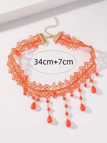 1pc Gothic Style Spider Web Lace Trim Orange Crystal Tassel Necklace Halloween - Orange - View 2