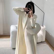 だらしないスタイルのニットカーディガンバスローブセータージャケット女性のニットカーディガンエクストラロング膝上ルーズアウター - ミルクアプリコット - チェックする 1