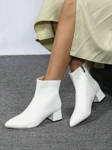 1 Pair Women's Basic Solid Color Fashion Commuter Utility Style Side Zipper Short Boots, Ankle Boots, Mid-Calf Boots, Riding Boots, Motorcycle Boots, Office Thick Heel Pointed Toe Shoes, Autumn/Winter - White - View 4