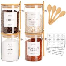 Glass Jar With Bamboo Lid And Spoon - 4 Pcs 17 Oz Sugar Container With 132 Pantry Labels - Glass Containers With Wooden Lids Hold Coffee, Tea, Candy - Transparent