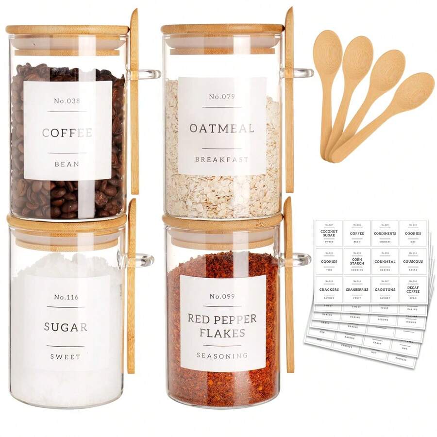Glass Jar With Bamboo Lid And Spoon - 4 Pcs 17 Oz Sugar Container With 132 Pantry Labels - Glass Containers With Wooden Lids Hold Coffee, Tea, Candy - Transparent