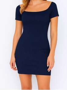 Vestido Feminino Curto Canelado ombro a ombro casual simples - Azul - Visão 2