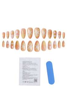 24pcs Medium Almond Nail Stickers With Yellow Gradient Smudge 3D Sweet Flowers, Shells, Starfish And Pearls. Sweet And High-End Nail Set (With: A Piece Of Jelly Glue And A File) Suitable For Women's Daily Dating Parties