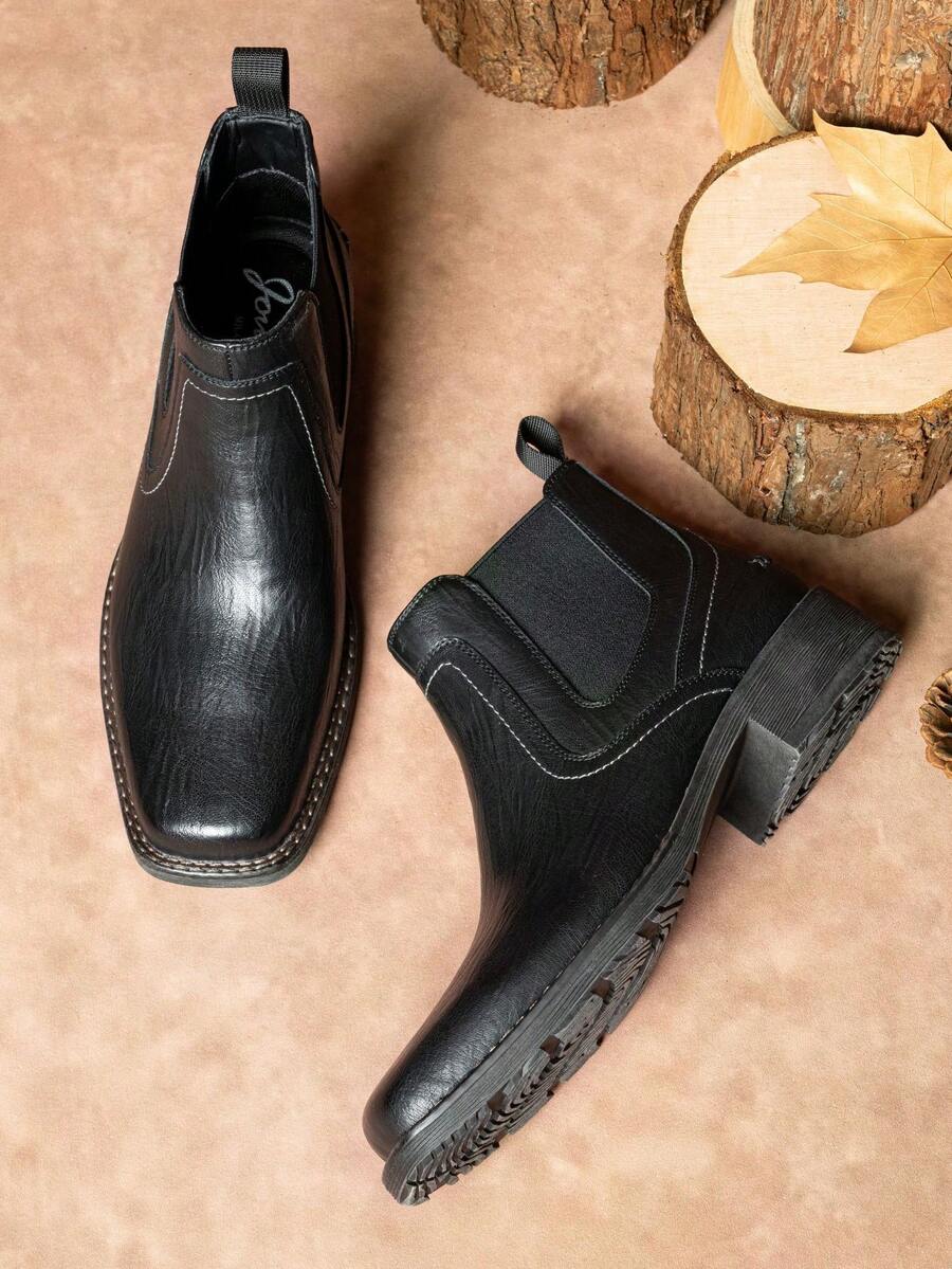 SHOESMALL Men's Black Western Chelsea Boots Square Toe Ankle Bohemian Boots Casual Slip On Boots For Men - AMY8421-黑色 - 查看 1