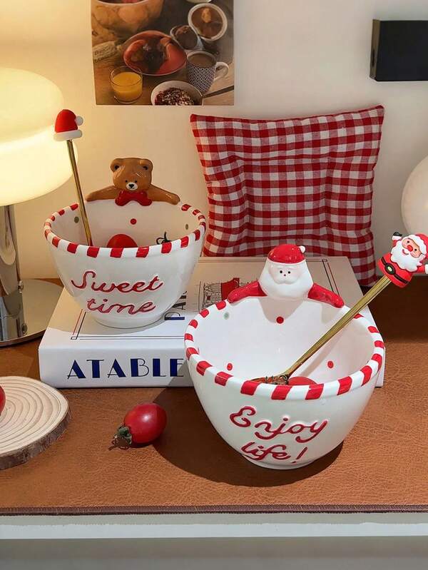 1pc Ins Style Christmas Decor Ceramic Bowl, Cute Bear/Santa Claus Shaped, Holiday Dinnerware, Breakfast/Afternoon Tea Bowl, Elegant Gift