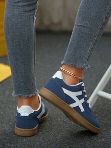 女士时尚新款春秋圆头户外休闲运动鞋，几何拼接条纹粉色运动鞋，舒适柔软休闲鞋，滑板鞋，白色运动鞋 - 藍色 - 查看 7