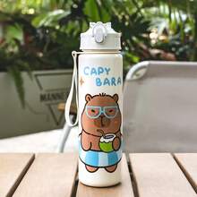 1pc Cute Water Bottle With Water Vole/Capybara Theme Print, 23oz Plastic Sports Water Bottle With Lid, Straw And Lanyard, Portable For Outdoor Sports, Hiking, Travel, Camping, Holiday & Halloween Gifts