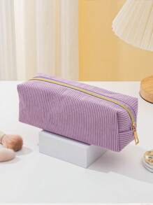 1 pieza El estuche de lápices de pana simple es fácil de llevar con gran capacidad, estuche de lápices para estudiantes/portátil de viaje/bolsa de almacenamiento de cosméticos para damas, de vuelta a la escuela