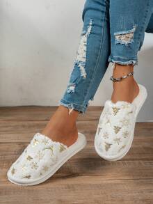 Zapatillas de casa acolchadas y cálidas de estilo navideño para parejas, en tela de felpa - Blanco - Ver 2