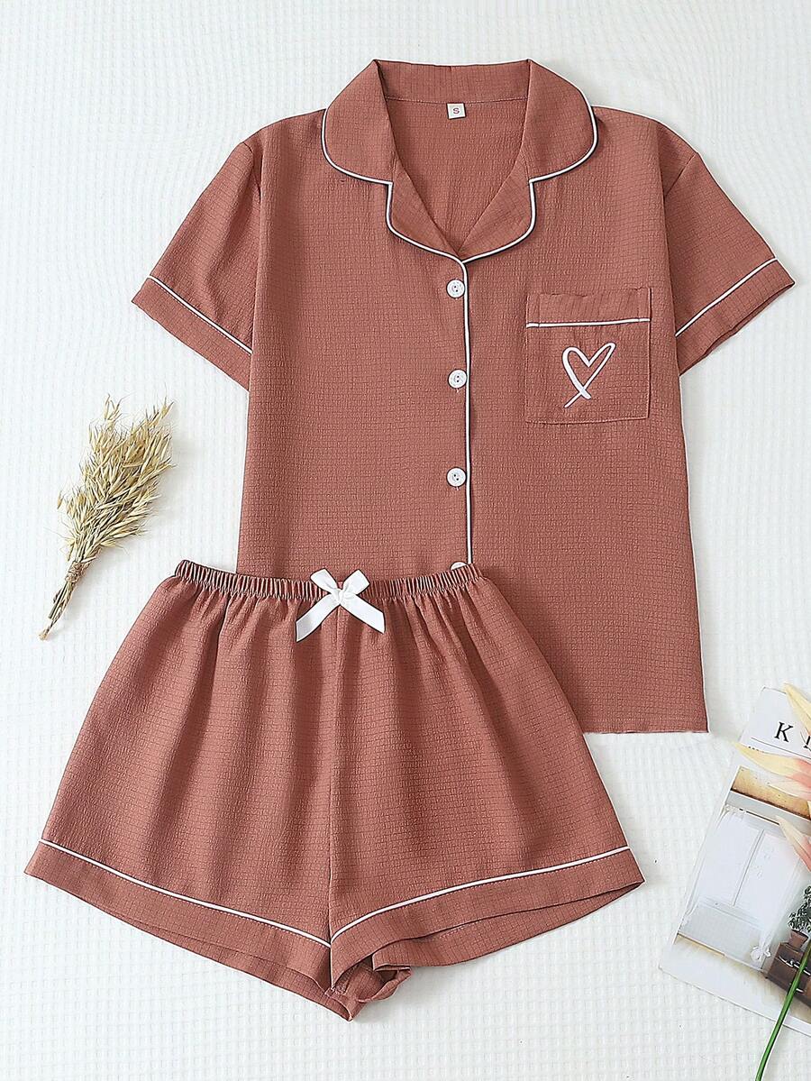 2pcs Women's Solid Color Summer Trim Contrast Collar Pocket Heart Graphic Short Sleeve Button Top And Bow Shorts Pajama Loungewear Set, Suitable For Home Use - Hot Pink - View 1