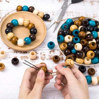 60pcs Wooden Beads For Crafts, Round Large Hole Natural Wood Hair Bead, Vintage Wooden Spacer Beads For Macrame Necklace Bracelet DIY Craft Handmade Decor