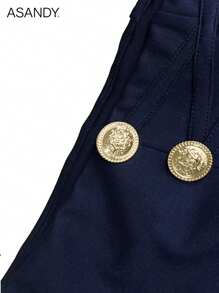 Women's 70s Retro Style High Waist Flare Pants With Gold Buttons, Vintage Office & Casual Wear - Navy Blue - View 8