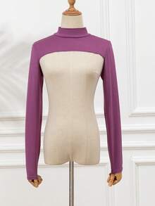 1 件女式纯色弹力氨纶高领插肩袖短上衣披肩领仿夹克上衣，长袖，百搭颜色，秋冬