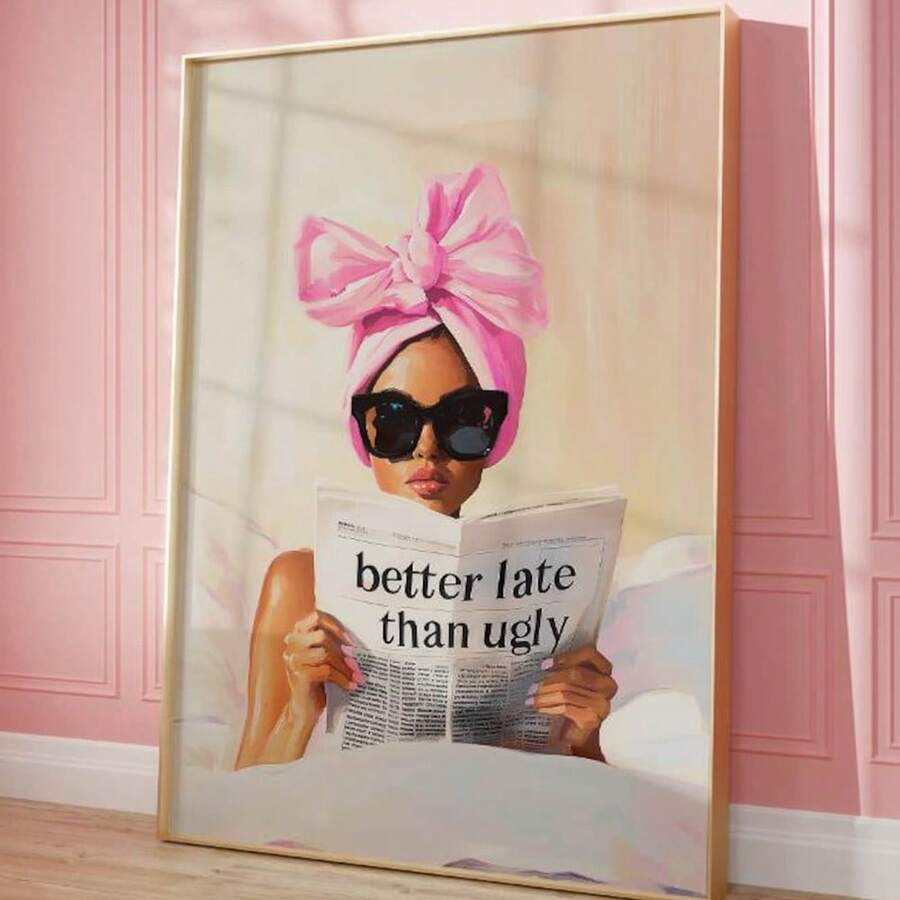 1幅“迟到总比丑陋好”主题墙画，报纸印刷帆布画，字体海报，复古风格装饰画，适用于卧室、客厅或浴室，公寓宿舍装饰，送给她的礼物，可选无框或有框。 - 彩色 - 查看 1