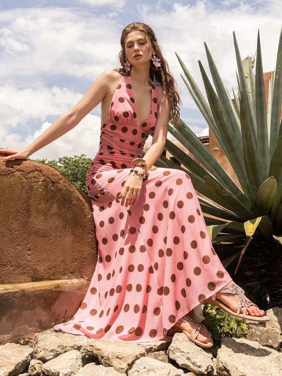 Faeriesty BohoBloom Women's Backless Polka Dot Dress, Adjustable Tie-Back, Ruched Waist Design - Bohemian Beach Vacation, Casual Outing, Garden Party, Summer Outfit | Women's Clothing - Pink - View 1