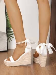 Sandalias de plataforma y cuña para mujer, estilo coreano de verano, versátiles, con suela gruesa, tacón súper alto y tejido de paja - Blanco - Ver 5