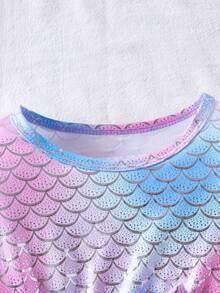 Young Girls Casual Cap Sleeve Asymmetrical Fish Scale Floral Print Bow Mesh Sequin Long Sleeve Dress