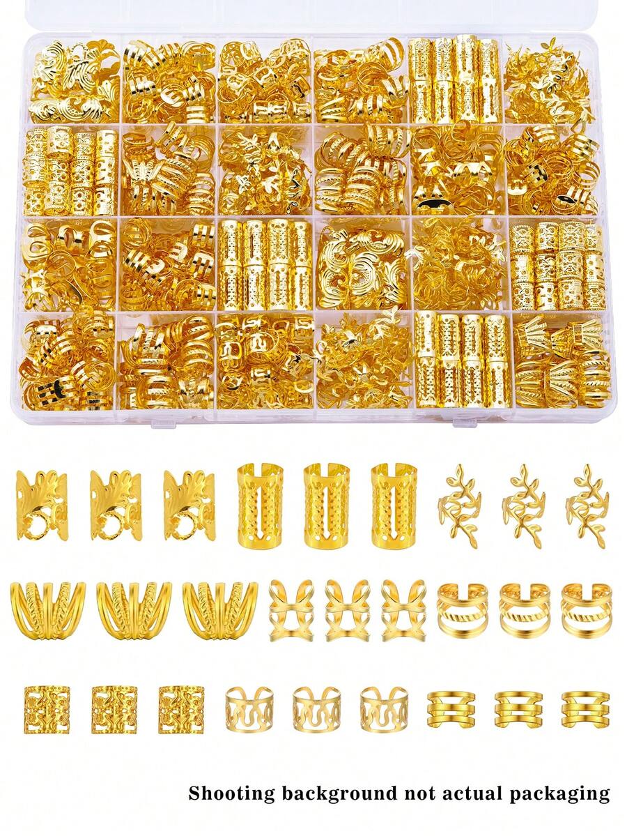 220件合金髮珠髮夾編髮環髮飾，適用於髒辮編髮，可調節金屬編髮配件