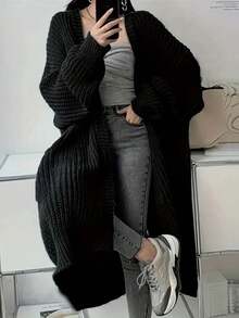 Plus Size Women V-Neck Pocket Ribbed Knit Cardigan, Long Sleeve Long Length Sweater Cardigan, Winter