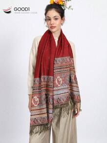 1pc Plain Jacquard Pattern Scarf With Silver Thread Ends, Versatile All-Match Warm Scarf For Winter - Red - View 1