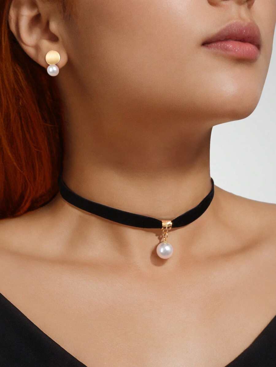 3 Pcs Fashion Accessories Women Black Velvet Choker Necklace And Round Stud Earrings Party Prom Jewelry Set