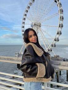 Camellia Winter New Short Warm Double-Sided Motorcycle Jacket, Women's Brown Faux Leather Shearling Collar Coat - Coffee Brown - View 7