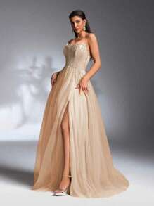 IBTRLY New Luxury Elegant Faux Two-Layer Design Beaded Mesh Slit High-Low Puff Skirt, Suitable For Formal Banquet, Party, Wedding, Homecoming, Birthday, Valentine's Day And Other Occasions, Evening Gown - Apricot - View 7