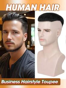 PU 男士黑色商务发型假发超薄皮肤头发替换系统自然隐形假发浅米色自然直发 - Natural Black - 查看 5