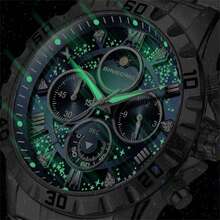 POEDAGAR True Galaxy Luxury Watch For Man Quartz Sports Watch Waterproof Luminous Stainless Steel Real Chronograph Men's Watches Clock Sun Moon Stars Dad Brother Partners Birthday Holidays Exam Back To School Essentials Japan Quartz Movement - Premium Built-In Ultra-Long Battery Life