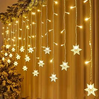 1条雪花帘灯 - 3.5米/11.48英尺/137.8英寸，96颗LED灯珠，USB插头，8种模式，带遥控器，暖光和白光室内装饰灯，适用于圣诞节、婚礼派对、吊灯、活动照明、节日照明、绚丽灯光展示、房间LED灯、节日装饰、圣诞节装饰灯串、万圣节装饰灯串