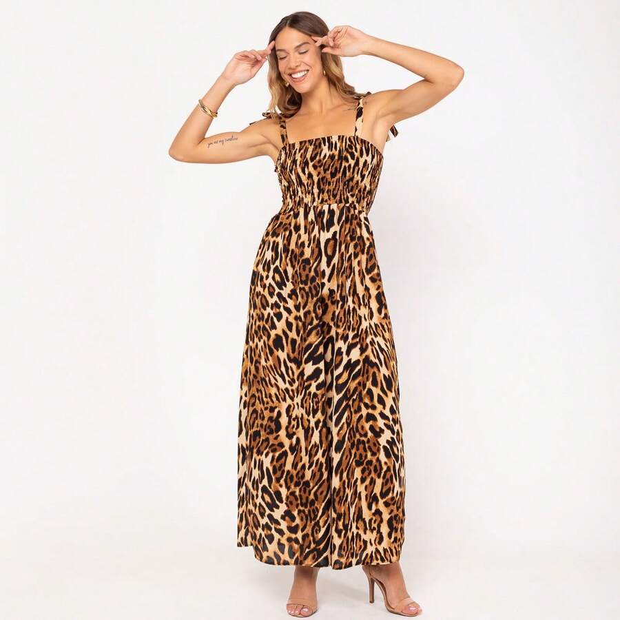 Boho All-Over Print Jumpsuit With Ruched Knot - 棕色 - 查看 1