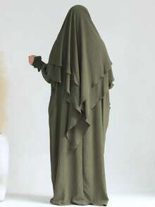 两件套双层系带头巾（Khimar）+宽松舒适长袍（Abaya），方便祈祷，适合穆斯林女性日常穿着和祈祷，四季皆宜。 - 彩色 - 查看 9