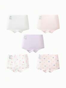 Balabala 5pcs Girls' Cotton Underwear, Seamless Anti-Bacterial Briefs - Red-purple Hue - View 2