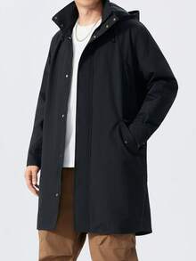Plus Size Men's Solid Color Long Sleeve Hooded Trench Coat, Suitable For Autumn - Black - View 4