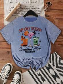 Halloween Spooky Season Washed T - Shirt - Halloween Gift Idea Fun Cocktail Printed Crew - Neck T - Shirt - Halloween Washed T - Shirt - Spooky Season Women's Top - Blue - View 1
