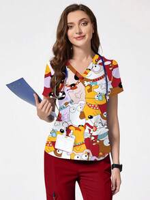 cimmuovere Uniforme de pijama médico con cuello en V, manga corta, estampado lindo de perro, múltiples bolsillos, para enfermeras, dentistas, personal de salud, veterinaria y laboratorio