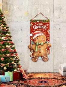1 pieza Bandera colgante con tema navideño, decoración rústica vintage de hombre de jengibre, 49x96cm, adecuada para el marco de la puerta, el jardín y la decoración de la sala de estar en Navidad, material de poliéster