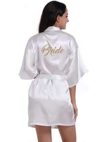 Damen Satin Kimono Braut Badmantel mit Goldenem Glitzer, Gürtel für Hochzeit Party, Brauttag Morgenmantel