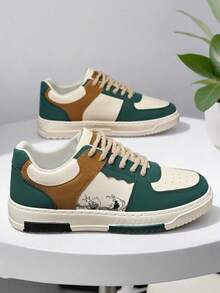 Men's Fashionable Skateboard Shoes, Color Block Design With Wave Pattern, Lace-Up, Non-Slip And Durable, Comfortable For Outdoor, Campus, Street Running, Travel In All Seasons Valentine's Day Ideas